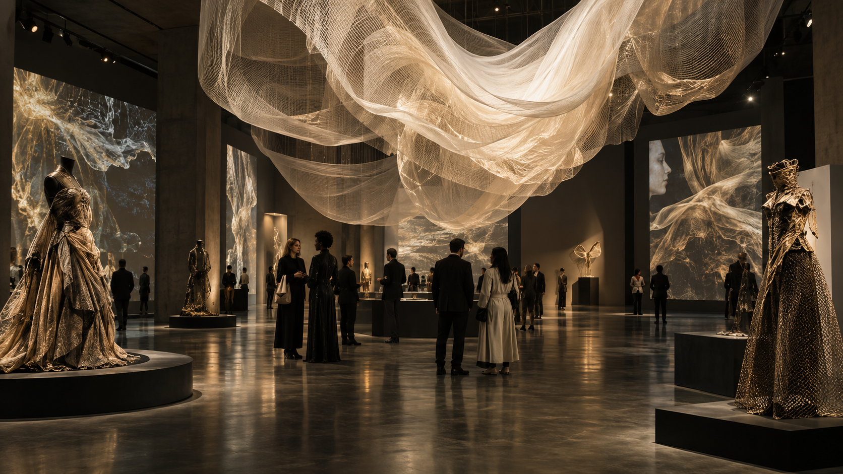 Fashion and textile installation inside a contemporary gallery
