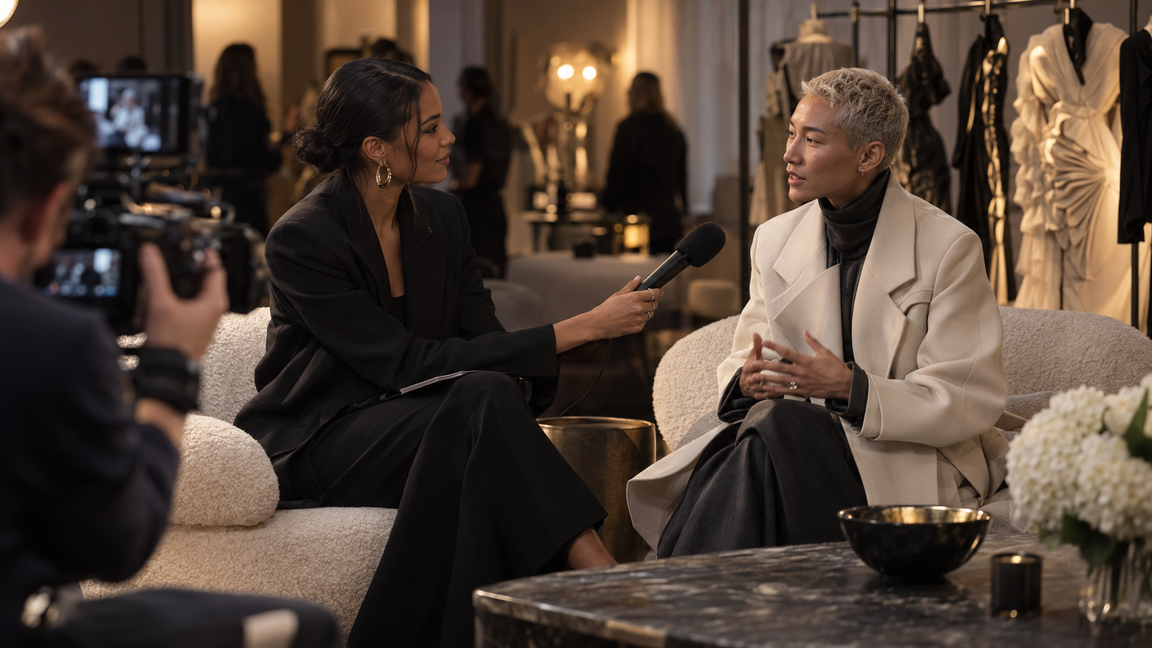 Fashion journalist interviewing a designer in a quiet backstage lounge