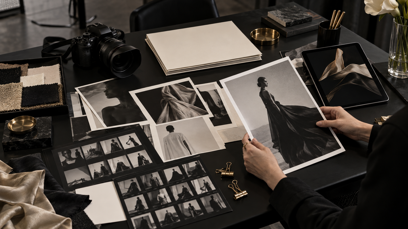 Curated fashion photography and media assets arranged on an editorial desk