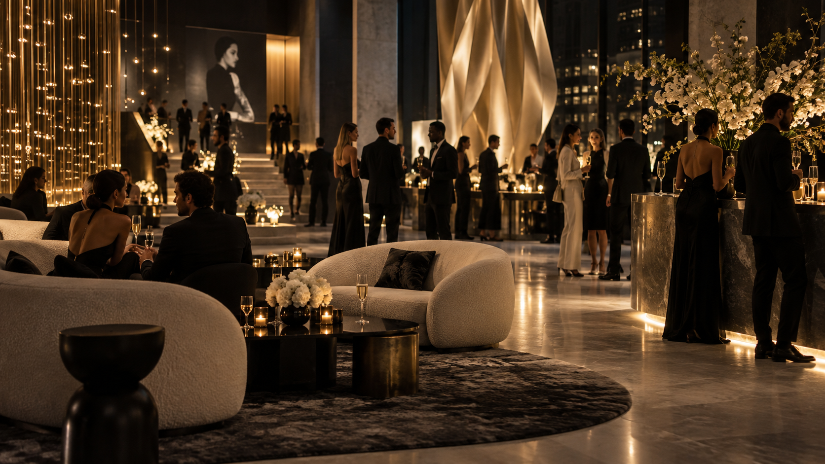 Guests connecting inside a premium event lounge