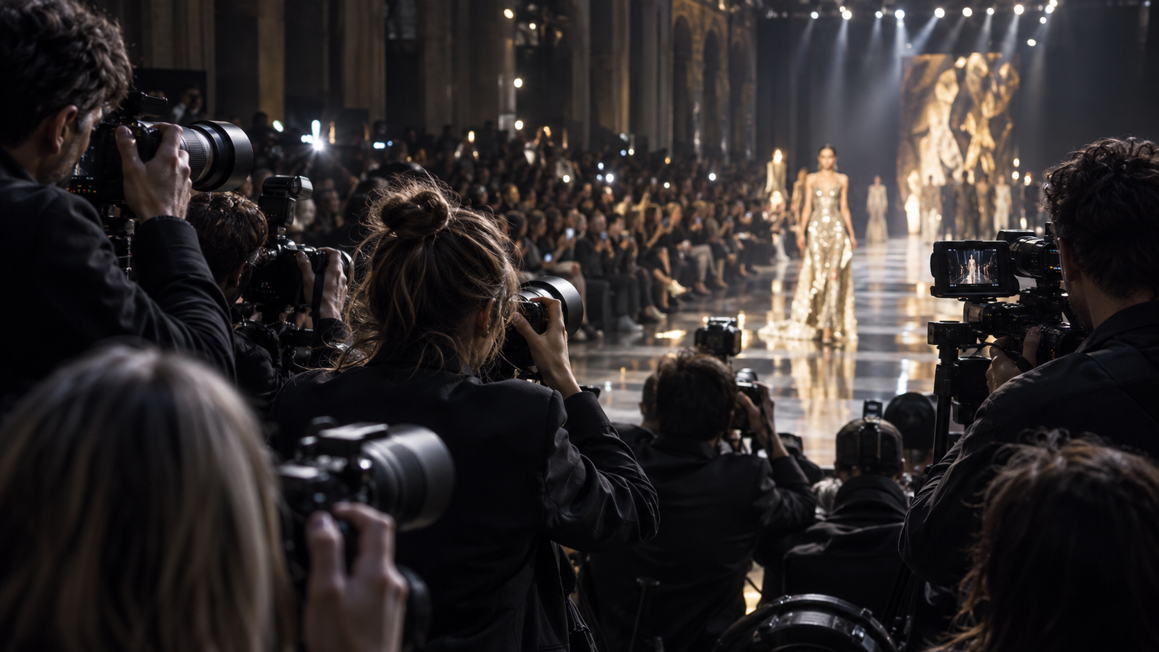 Press photographers capturing a fashion runway